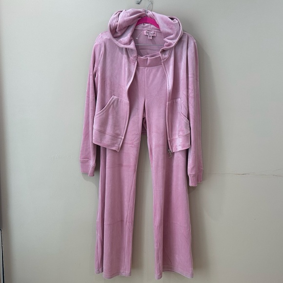 Juicy Couture Pink Velour Tracksuit Set Bling Rhinestone Logo Crewneck Joggers L - Picture 3 of 12